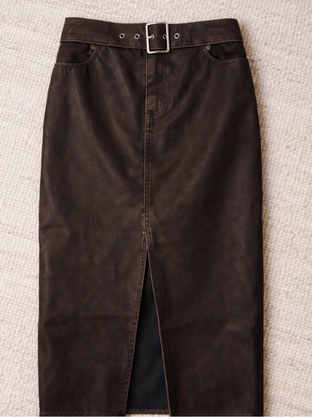 Classic Brown Faux-Leather Pencil Skirt with Belt